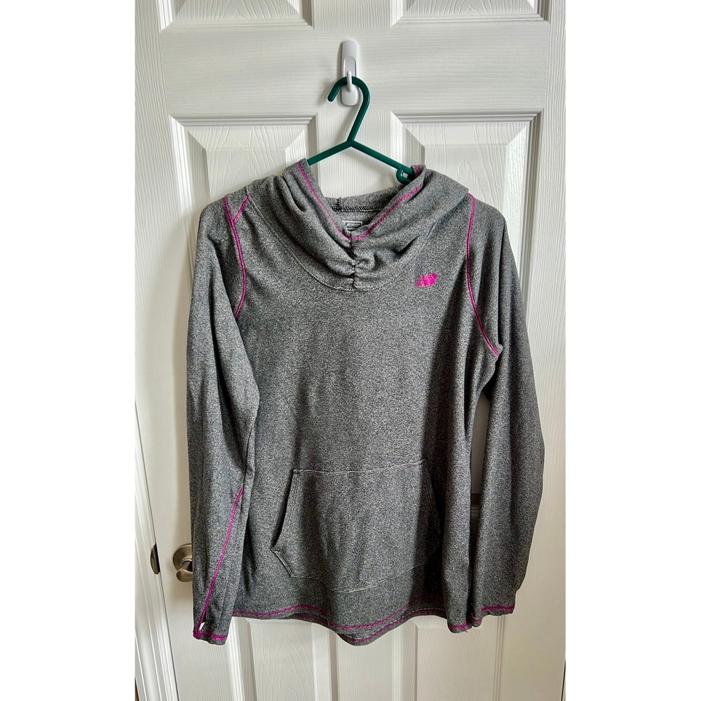 New Balance Womens NB Dry Gray Pink Cowl Neck Hoodie Thumbhole Large